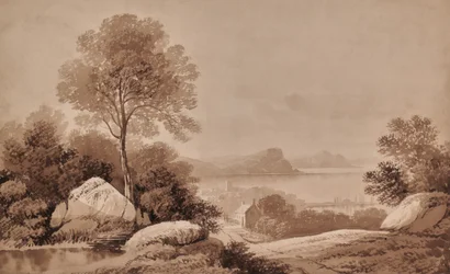 Landschap met meer en huisje