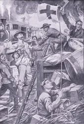 Valse ambulancemedewerkers vernietigen voorraden bij Komati Foort onder dekking van de Rode Kruisvlag, illustratie uit Na Pretoria: De Guerrillaoorlog, 1902