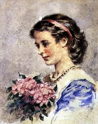 Jong Meisje met een Bos Roze Bloemen