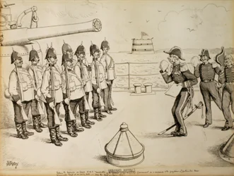 Niet opgetekende geschiedenis! Aan de mariniers aan boord van HMS Taradiddle wordt verteld over het voornemen van de regering van Hare Majesteit om, als concessie aan de vooroordelen van de continentale mogendheden, Egypte op korte termijn te ontruimen: