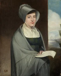 Portret van een Dame in een Grijze Muts en Sjaal