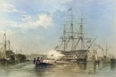Vlaggenschip van de Britse marine groet in de haven van Gosford, Engeland. 19e eeuw (gravure)