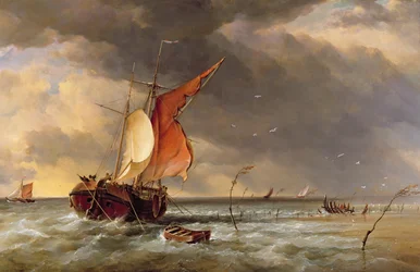 Een Nederlandse galjoot vastgelopen op een zandbank in de Biesbosch, Nederland