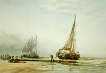 Nederlandse vissersboten op het strand met groepen vissers