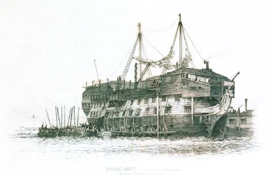 Gevangenisschip in de haven van Portsmouth met de veroordeelden aan boord