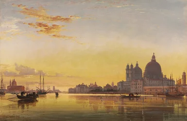 Zonsondergang op de lagune van Venetië, kerk van Isola di San Giorgio in Alga in de verte