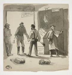 Schets van de burgeroorlog (recto); Man die een schilderij bekijkt (verso)