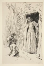 Ferdinand ontmoet Miranda, illustratie voor Act III, Scene i, De storm