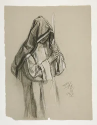 Figurenstudie voor Sir Lancelot en Sir Bors die Galahad uitrusten met zijn sporen, uit De Zoektocht naar de Heilige Graal (tweede van een serie van vijftien schilderijen voor de Boston Public Library, voltooid in 1901)
