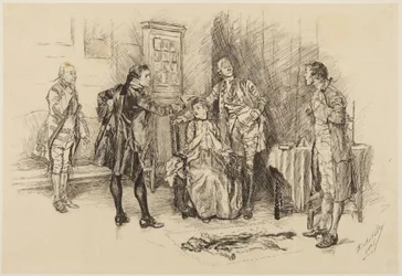 Illustratie voor Goldsmiths She Stoops to Conquer: „Was het goed gedaan, mijnheer, om mee te helpen mij belachelijk te maken?“