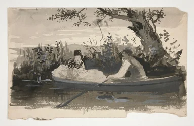 Man en vrouw in roeiboot, nabij rivier - niet-geïdentificeerde illustratie