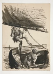 Man die overboord wordt geslagen door giek van zeilboot (recto); Onbekende illustratie van jongen die man schoenen poetst