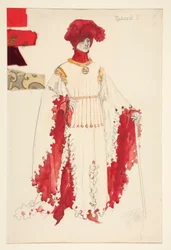 Richard II (in rood), kostuumschets voor Henry Irving