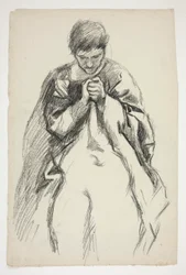 Geklede figuur, biddend: studie voor De zoektocht naar de Heilige Graal muurschildering serie in de Boston Public Library