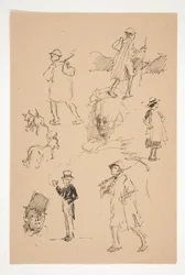Blad met schetsen van landelijke figuren