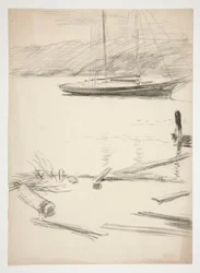 Schets van een dok en zeilboot