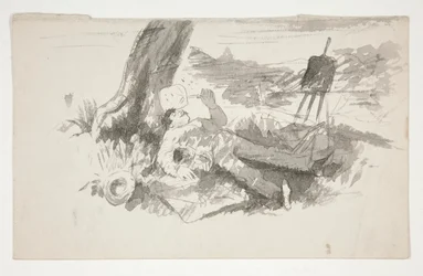 Schets van een plein-air schilder die een dutje doet onder een boom - niet-geïdentificeerde illustratie