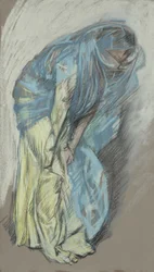 Studie voor vrouw in gele jurk met blauwe sluier