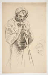 Studie van een geklede figuur, biddend, voor de muurschilderingserie De Zoektocht naar de Heilige Graal in de Boston Public Library