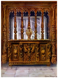 Henry II gesneden koffer of bahut en eiken scherm van dezelfde Franse periode, 1910
