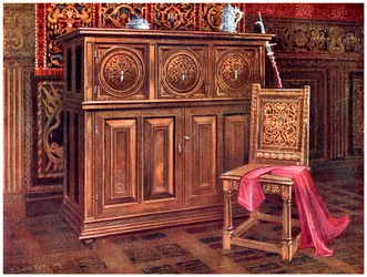 Eiken kabinet en walnoten stoel, 1910