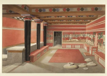 Schilderij van de herbeeldden Troonzaal van het Paleis van Minos in Knossos