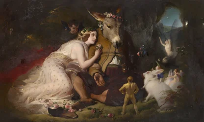 Scène uit Een Midzomernachtsdroom. Titania en Bottom