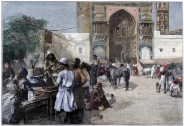 Een openluchtrestaurant in Lahore, India, 1880