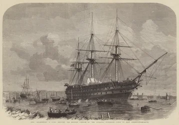 HMS Agamemnon, 91 kanonnen, het Engelse deel van de Atlantische onderzeese kabel laden in East Greenwich