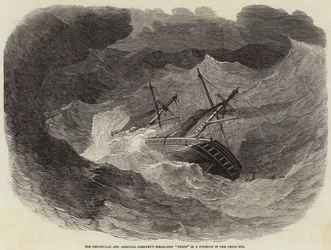 De Stoomschip Pekin van de Peninsular and Oriental Company in een Tyfoon in de Chinese Zee