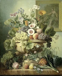Stilleven met bloemen en fruit