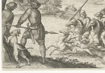 Rivierlandschap met hertenjacht