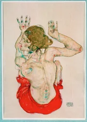 Vrouwelijk naakt zittend op rood gordijn, achteraanzicht (gouache, aquarel en potlood)