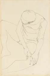 Vrouwelijk naakt voorovergebogen, beide handen op de linker dij, 1913