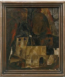 Haus und Mauer vor hügeligem Gelände - Huis en muur voor een heuvelachtig landschap ...