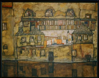 Hauswand am Fluss (aquarel op doek)