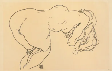 Langharig naakt, voorovergebogen, rugaanzicht; Langhaariger Akt, vornubergebeugt, Ruckenansicht, 1918