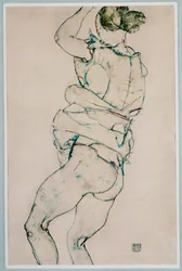 Naakt met geheven linkerarm (aquarel en zwart krijt)