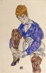Portret van de vrouw van de kunstenaar, zittend, terwijl ze haar rechterbeen vasthoudt