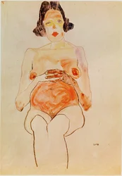 Roter Akt, schwanger [Rood naakt, zwanger] (aquarel en houtskool)