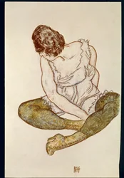 Zittende vrouw met groene kousen ... (aquarel en zwart krijt)