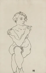Zittend vrouwelijk naakt, armen en benen gekruist, 1918