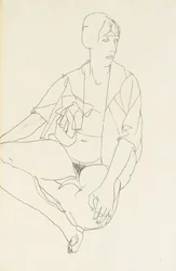 Zittende vrouwelijke naakt met open blouse, 1913