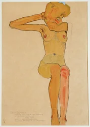 Zittend vrouwelijk naakt met opgeheven rechterarm (gouache, aquarel en zwart krijt)