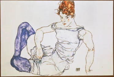 Zittende vrouw in paarse kousen ... (gouache en zwart krijt)