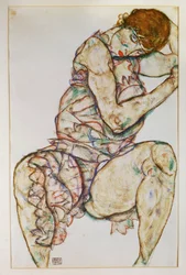 Zittende vrouw met linkerhand in het haar (gouache en potlood)