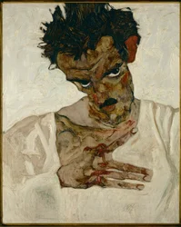Zelfportret met gebogen hoofd- Egon Schiele, zelfportret met gebogen hoofd (olieverf op hout)