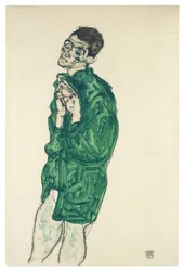 Zelfportret in groen shirt met gesloten ogen, 1914