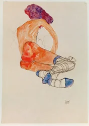 Zittend vrouwelijk naakt met blauwe kousenband, uit ... (gouache, aquarel en houtskool)