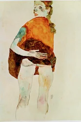 Staand meisje met opgetrokken rok (aquarel en potlood)